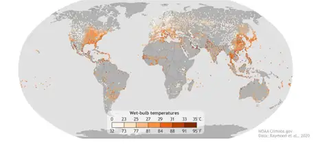 Brasília (DF), 24.07.2024 - Mapa mostra locais que experimentaram brevemente níveis extremos de calor e umidade de 1979 a 2017. Cores mais escuras mostram combinações mais severas de calor e umidade. Algumas áreas já experimentaram condições iguais ou próximas do limite de sobrevivência humana de 35°C (95°F). Foto: NOAA Climate.gov/Divulgação